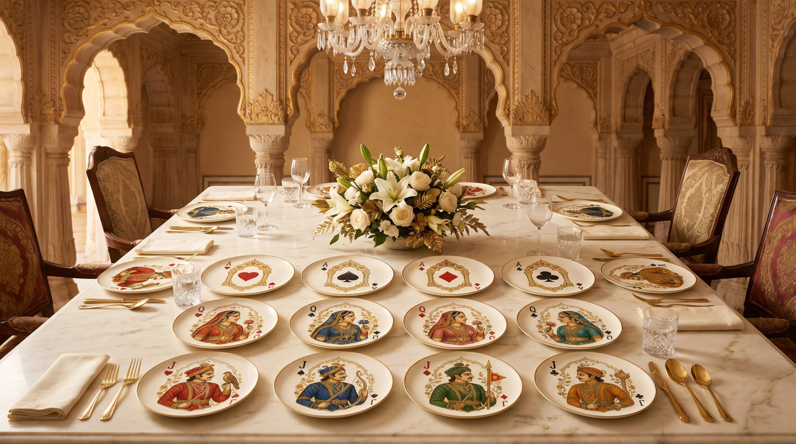 Spades inspired Dinnerware_Off White 1 Royal Flush – Indian Royalty Playing Card Decor Plates | Set of 16 - Image 1