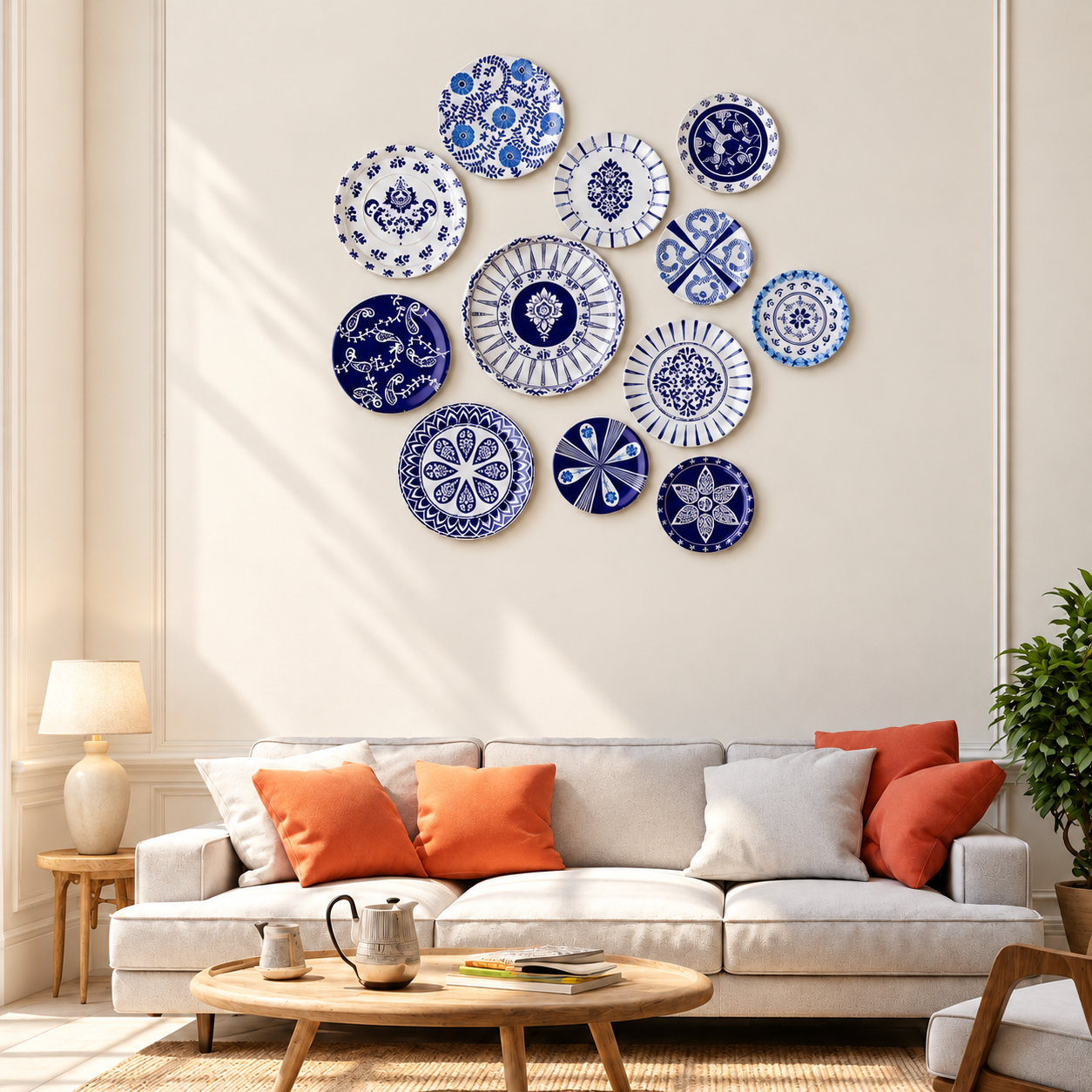 Warm Boho Living Room with Blue Plates The Indigo Heritage Collection – Set of 12 - Image 1